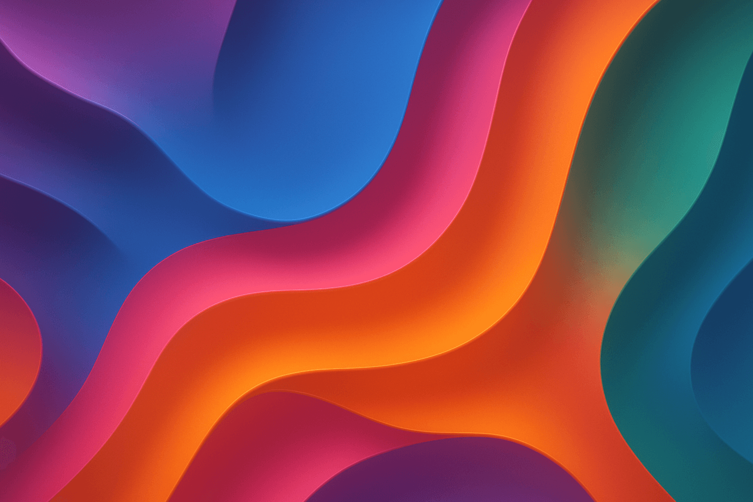 Abstraktes 3D-Wellenmuster mit weichen, geschwungenen Formen in kräftigen Farbverläufen von Blau, Pink, Orange bis Grün, mit plastischer Tiefenwirkung.