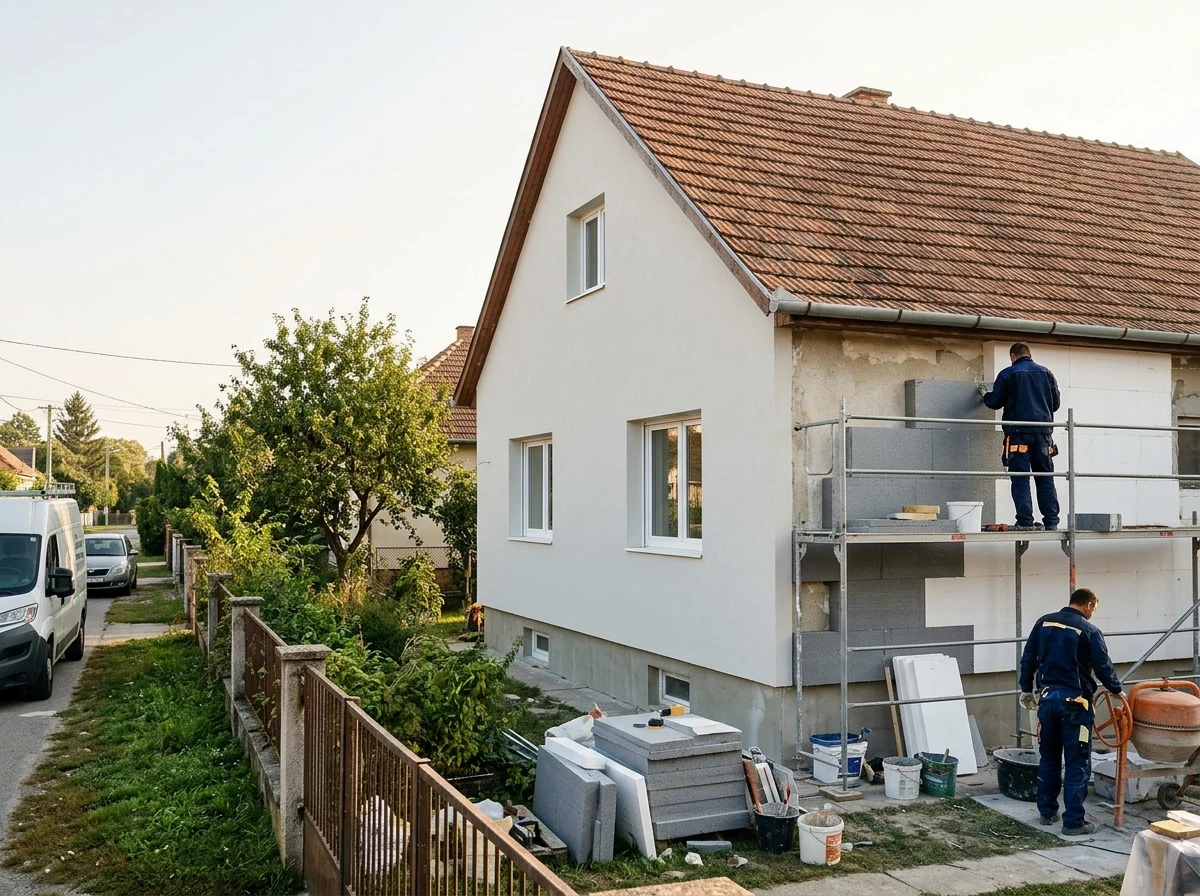 Energetikai felújítás alatt álló családi ház homlokzati szigeteléssel és új nyílászárókkal.