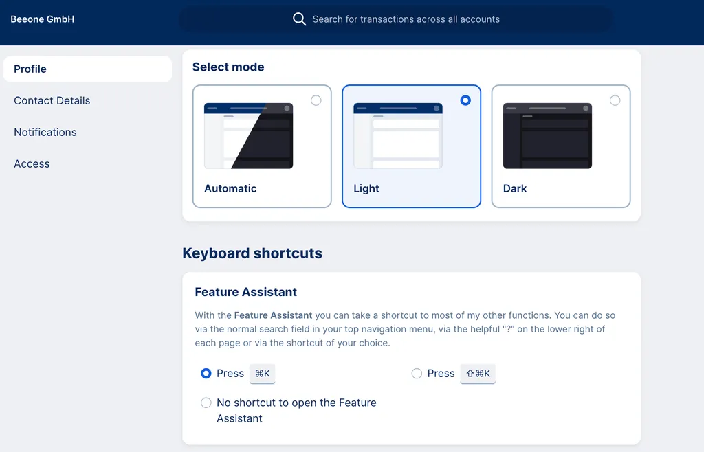 The user profile including the Hey George settings for the double click shortcut