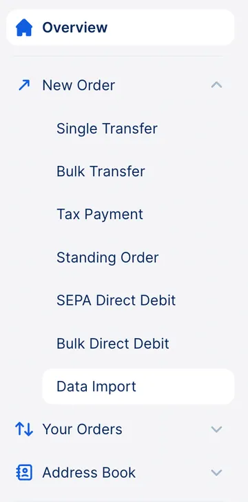 Left-side menu: Data import