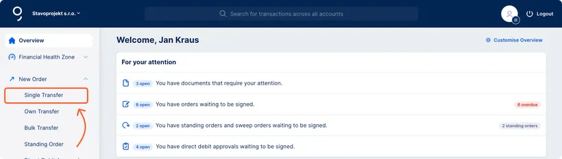 Domestic payment option in the left menu