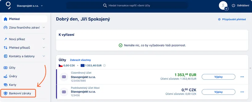 Vstup do sekce bankovních záruk
