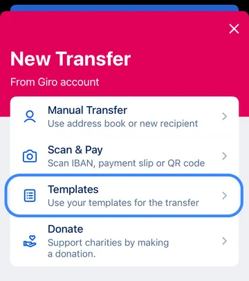 Transfer options - templates in George app