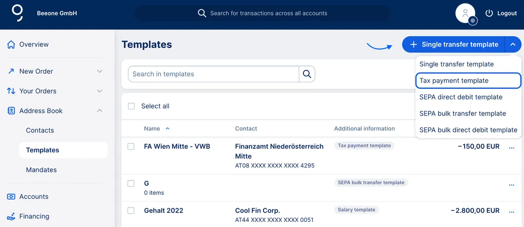 Create a template via the addressbook