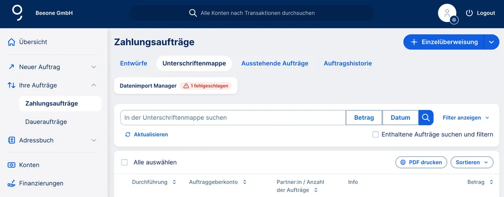 Zahlungsaufträge in der Unterschriftenmappe