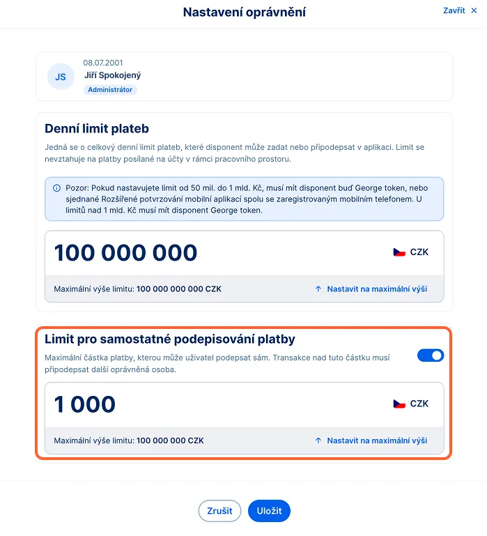Limit pro samostatné podepisování platby