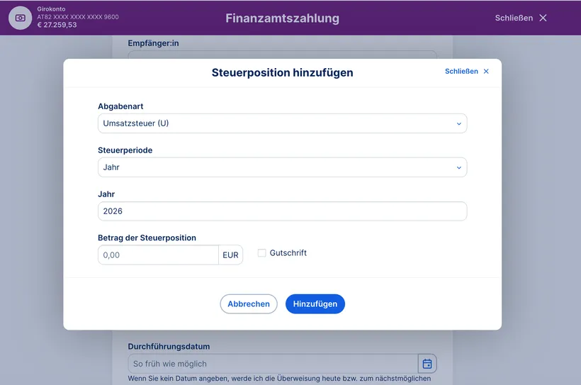 Steuerpositionen hinzufügen
