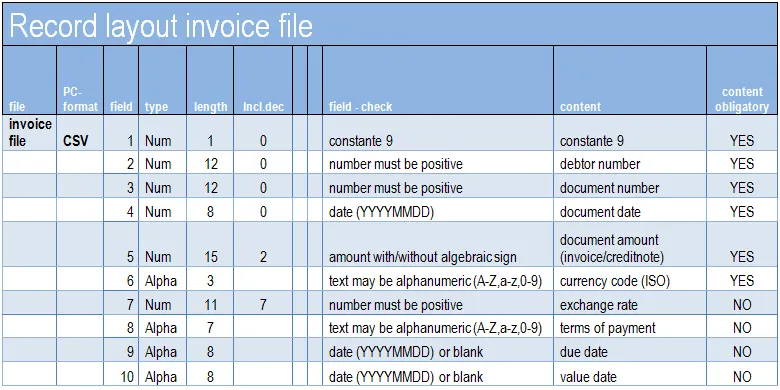 CSV Record layout invoice file
