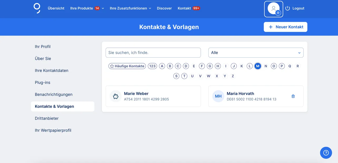 Kontakte und Vorlagen von User-Profil