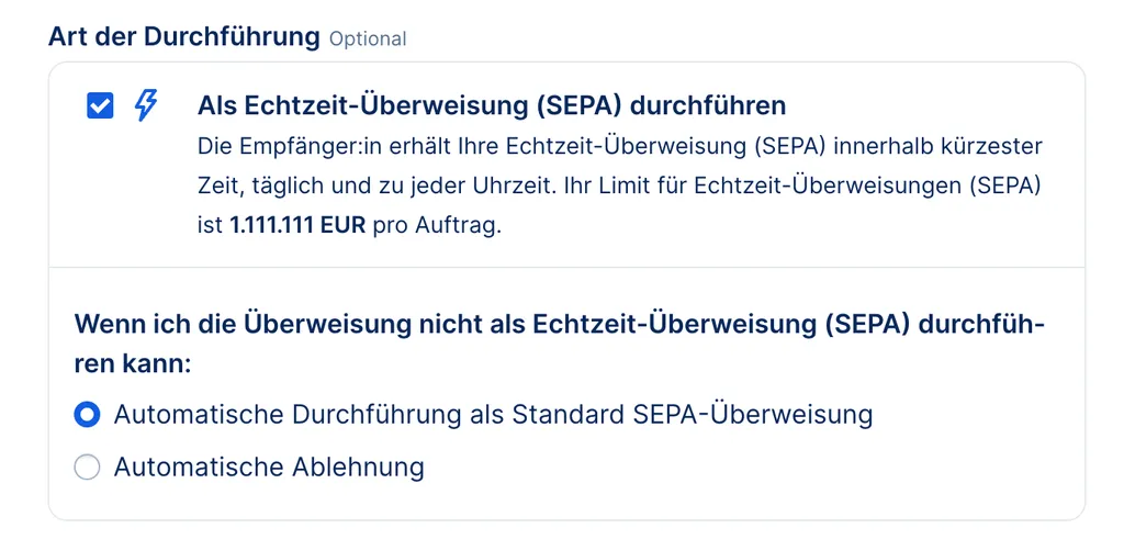 Alternative wenn Echtzeitüberweisung (SEPA) nicht durchgeführt werden kann