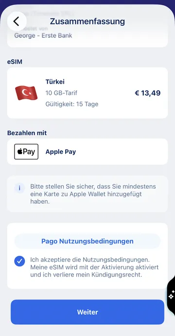 eSIM Bestellungs-Zusammenfassung - Bezahlung mit digitaler Wallet