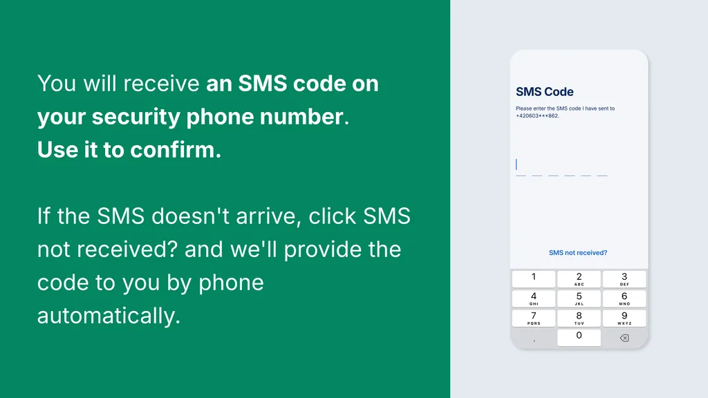 You will receive an SMS code to your security phone number. Enter the code and confirm.