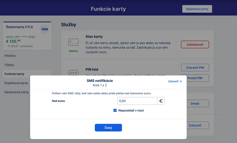 nastavnie SMS notifikácií - výber sumy