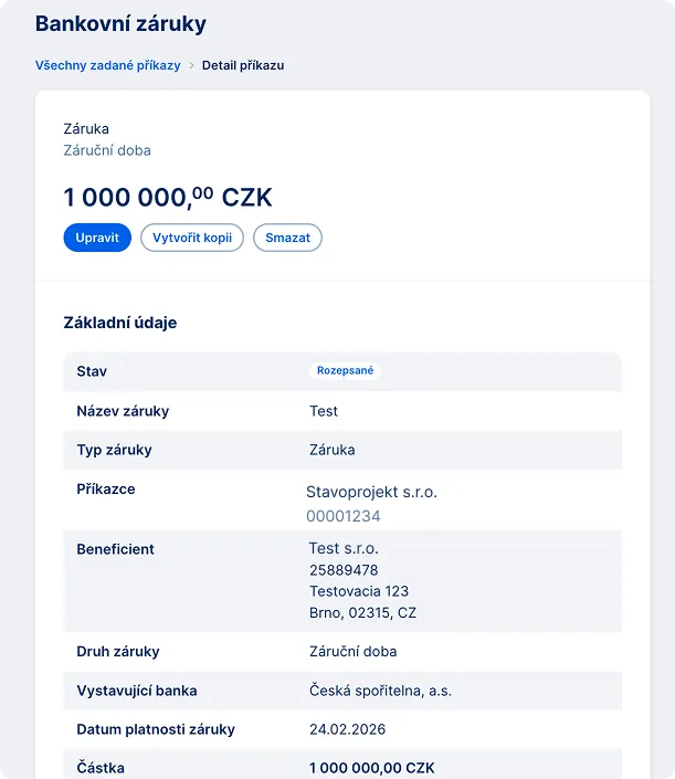 Detail zadaného příkazu bankovní záruky
