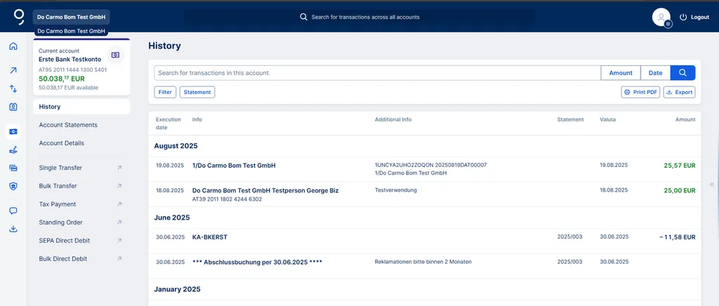 Search bar for transactions within an account