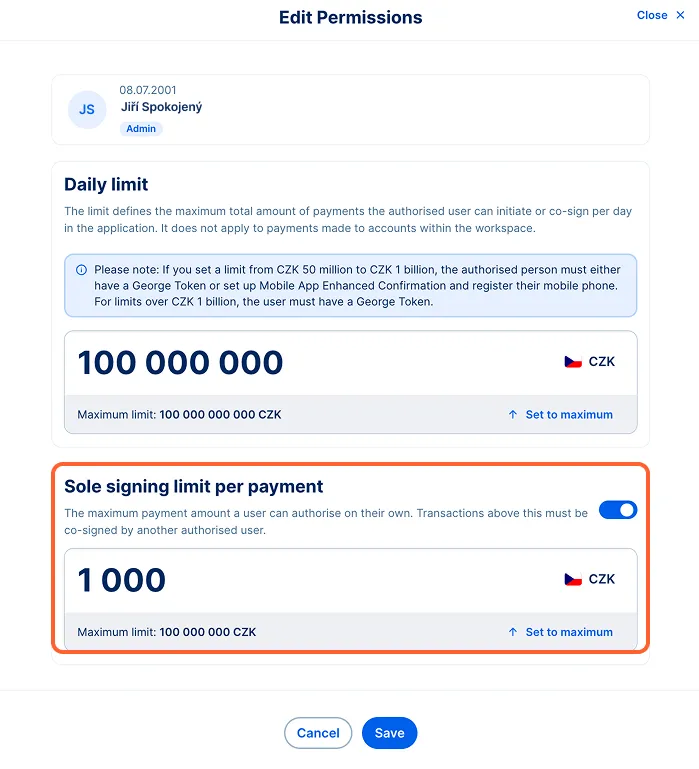 Sole singning limit per payment