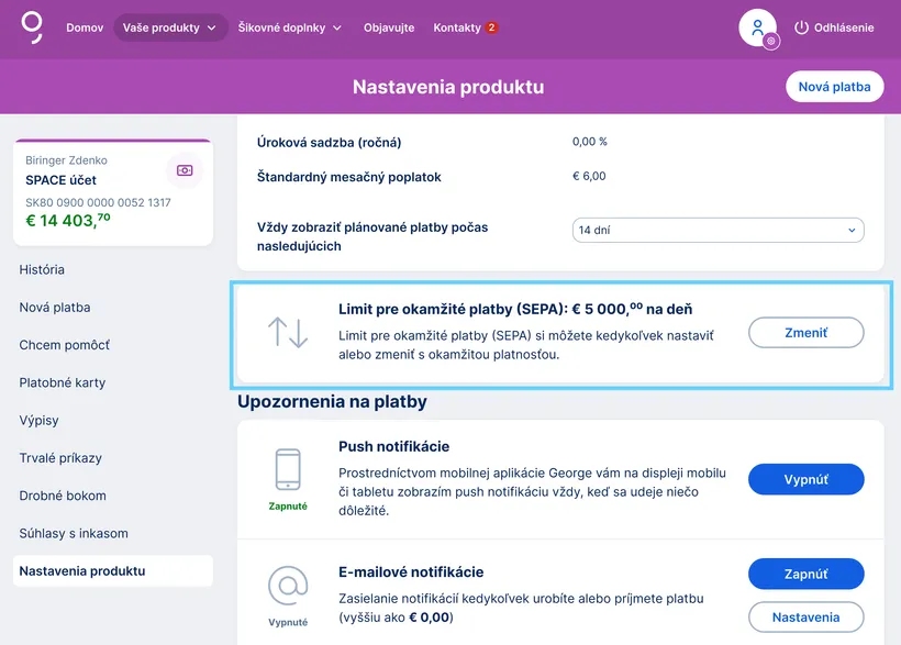 Nastavenie limitu pre okamžitú platabu