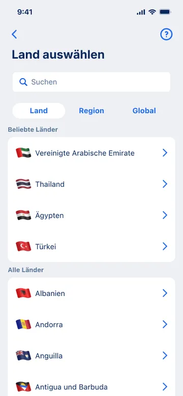 Gebiet für eSIM auswählen