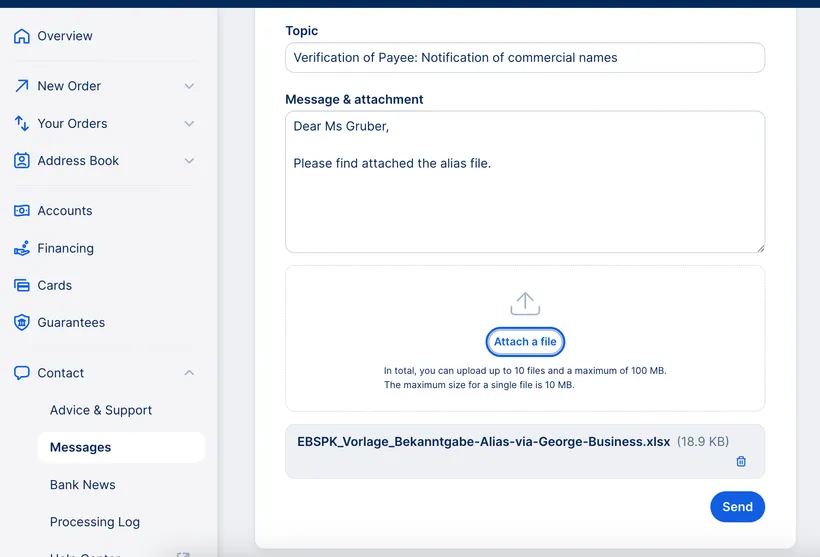 George Business Message with alias sheet attached